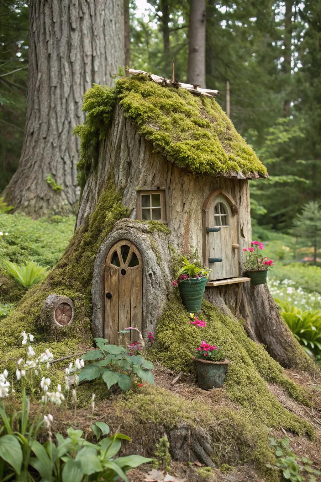 A countryside gnome residence fashioned from a wood chunk.