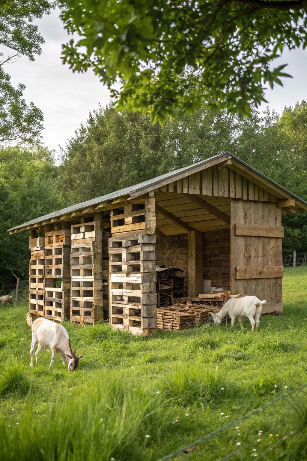 An environmentally responsible goat barn constructed from repurposed decking.