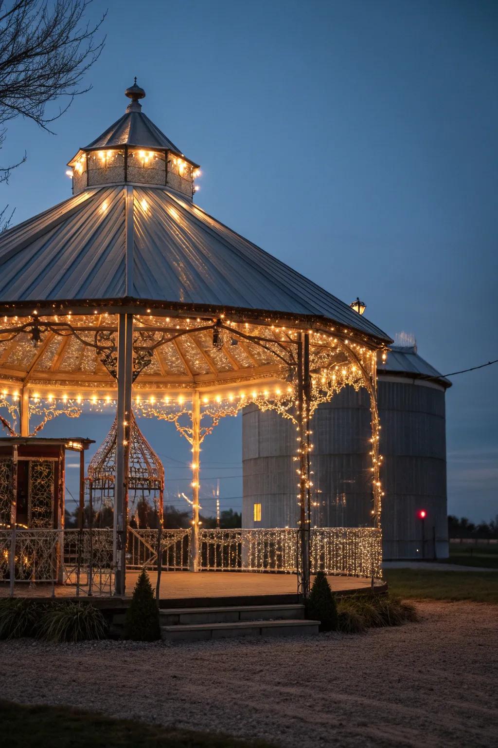 Illuminate your evenings with the enchanting glow of string lights in a handcrafted grain bin gazebo.