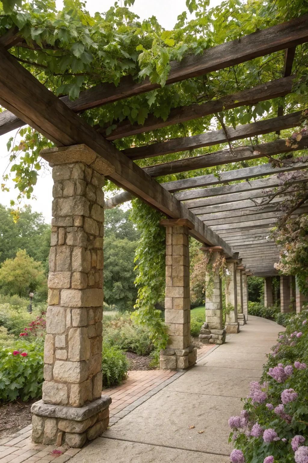 A country grape arbor integrating rock and timber for an ageless aesthetic.
