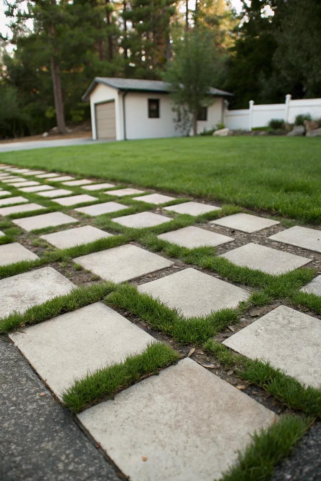 A striking checkered design that merges grass and stone to create a bold visual impact.