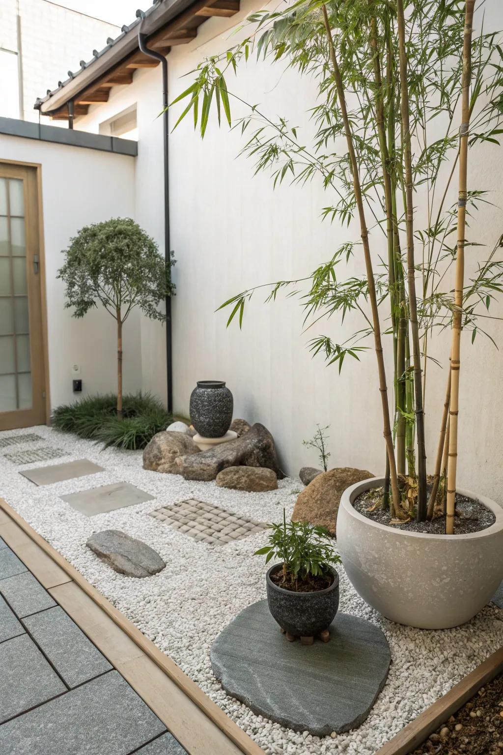 A minimalist Zen corner in a gravel garden.