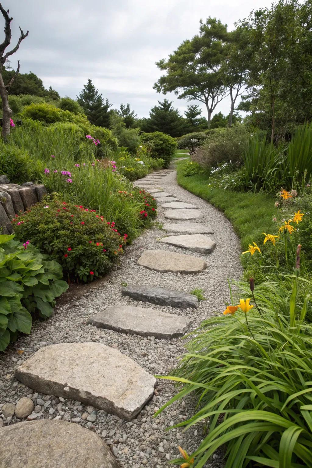 Walking slabs inject appeal and utility to a stone chip path.