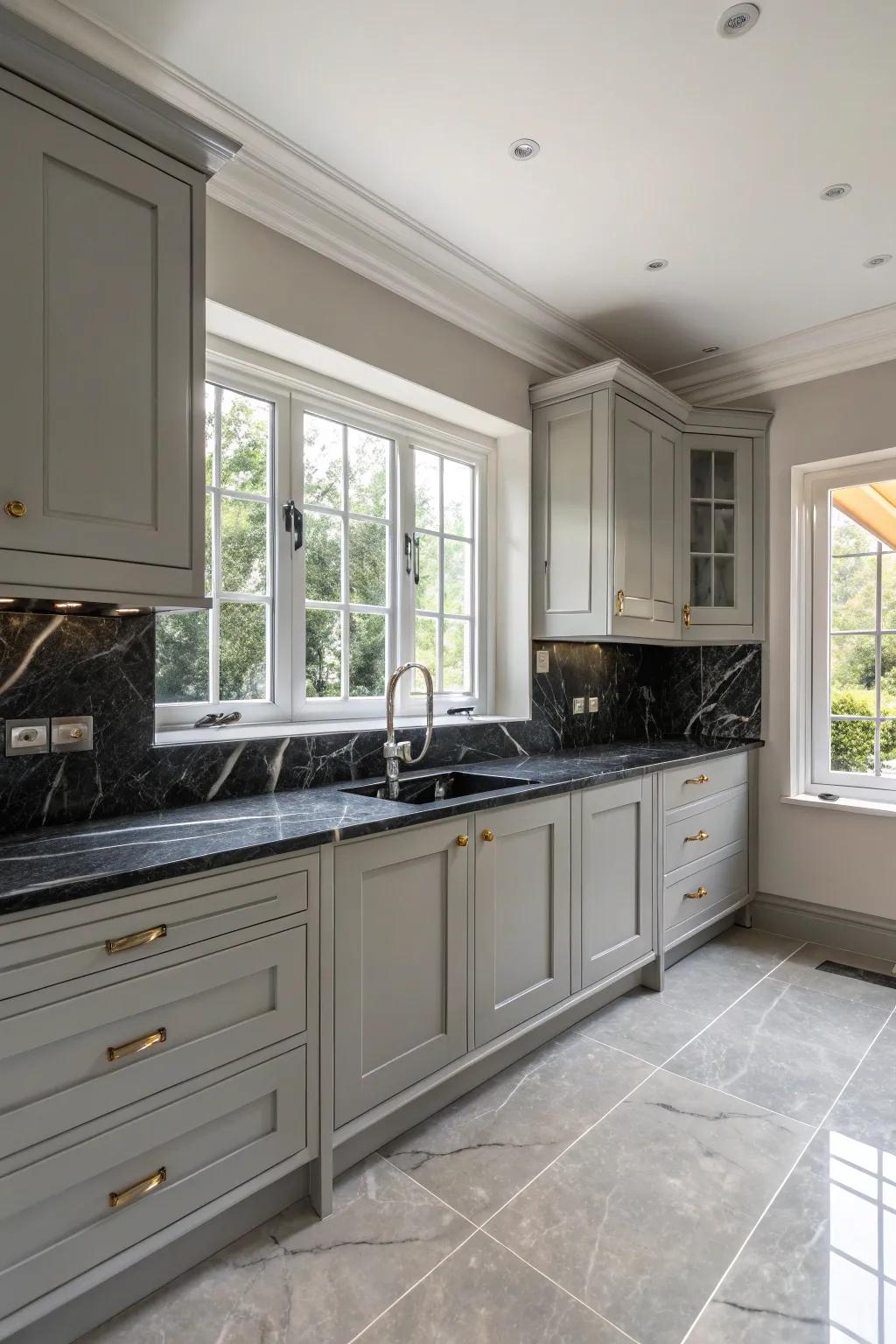 Gray cabinets beautifully highlighted by opulent black marble countertops.
