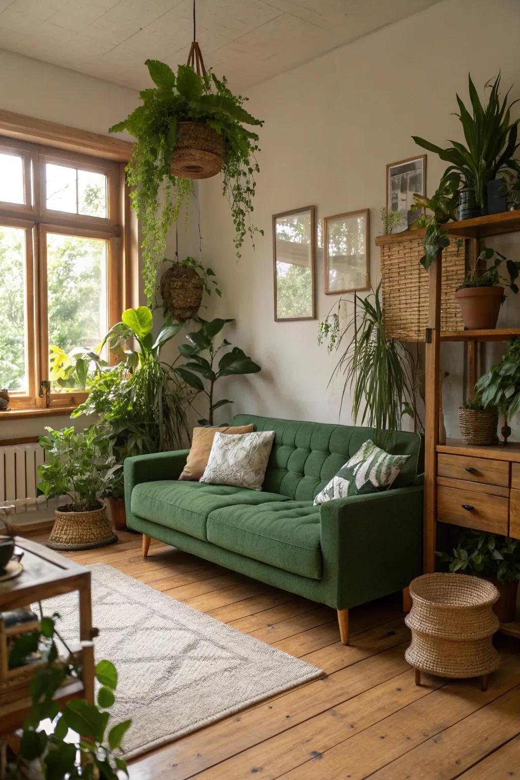 Organic accents like plants and wood unite with the green couch, crafting a peaceful oasis.