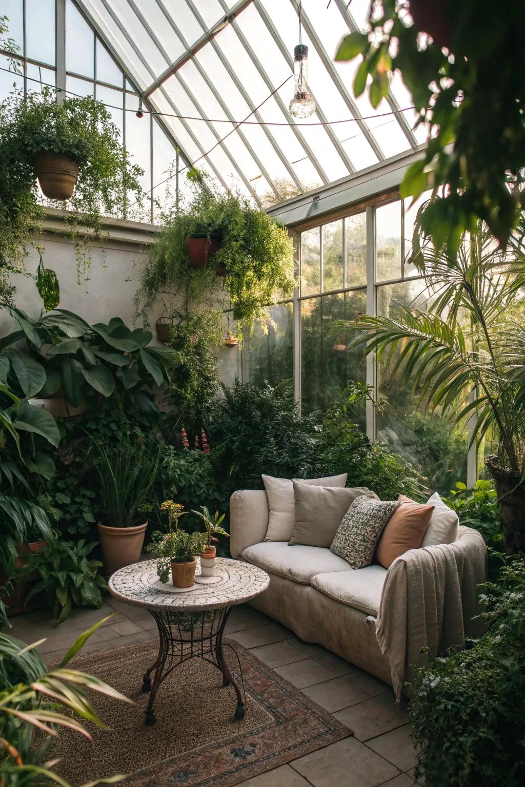 A greenhouse featuring an inviting lounging niche, the perfect place for leisure.