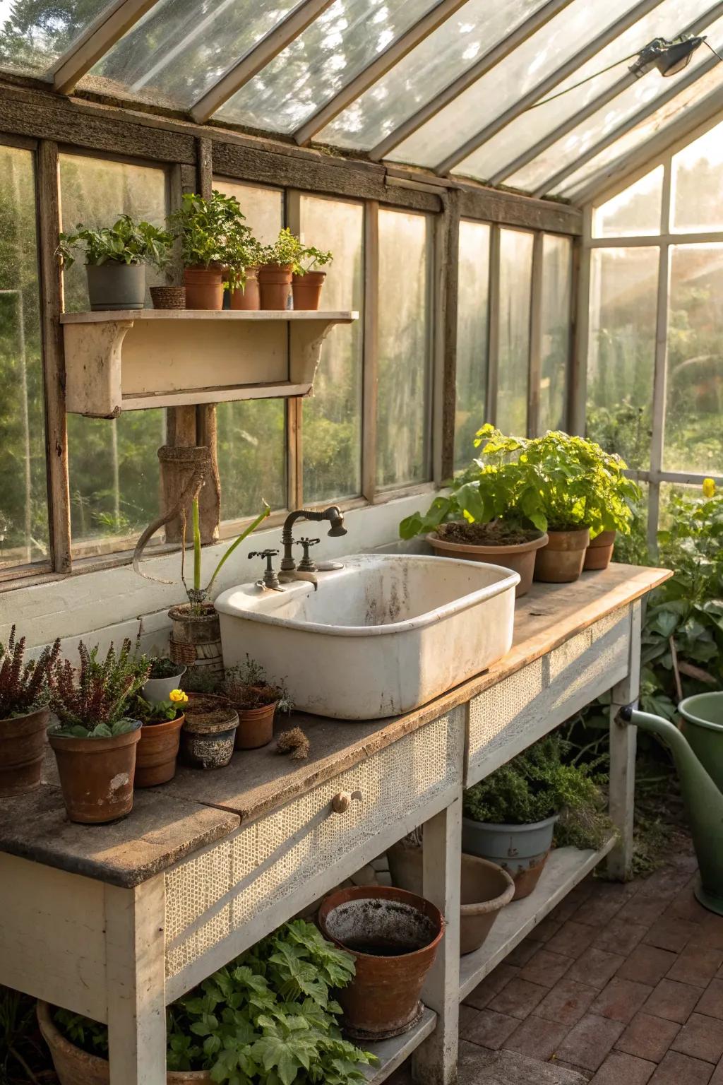 A restored classic sink introduces enduring grace to a greenhouse atmosphere.