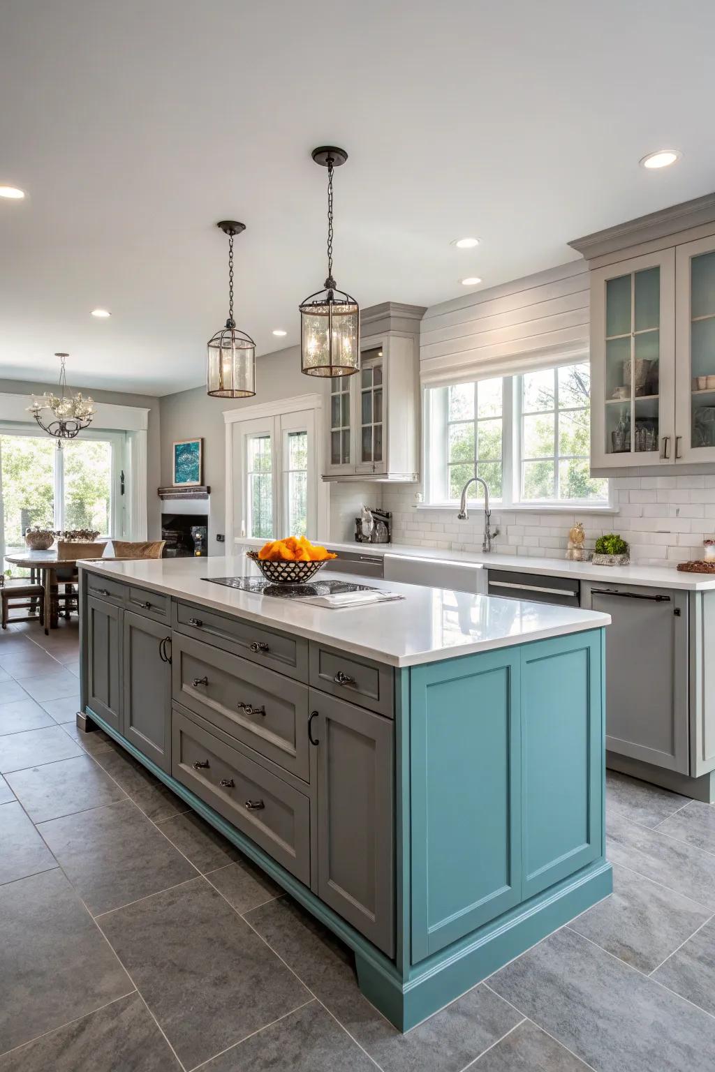 An aqua island becomes the social heart of the kitchen, promoting interaction and warmth.