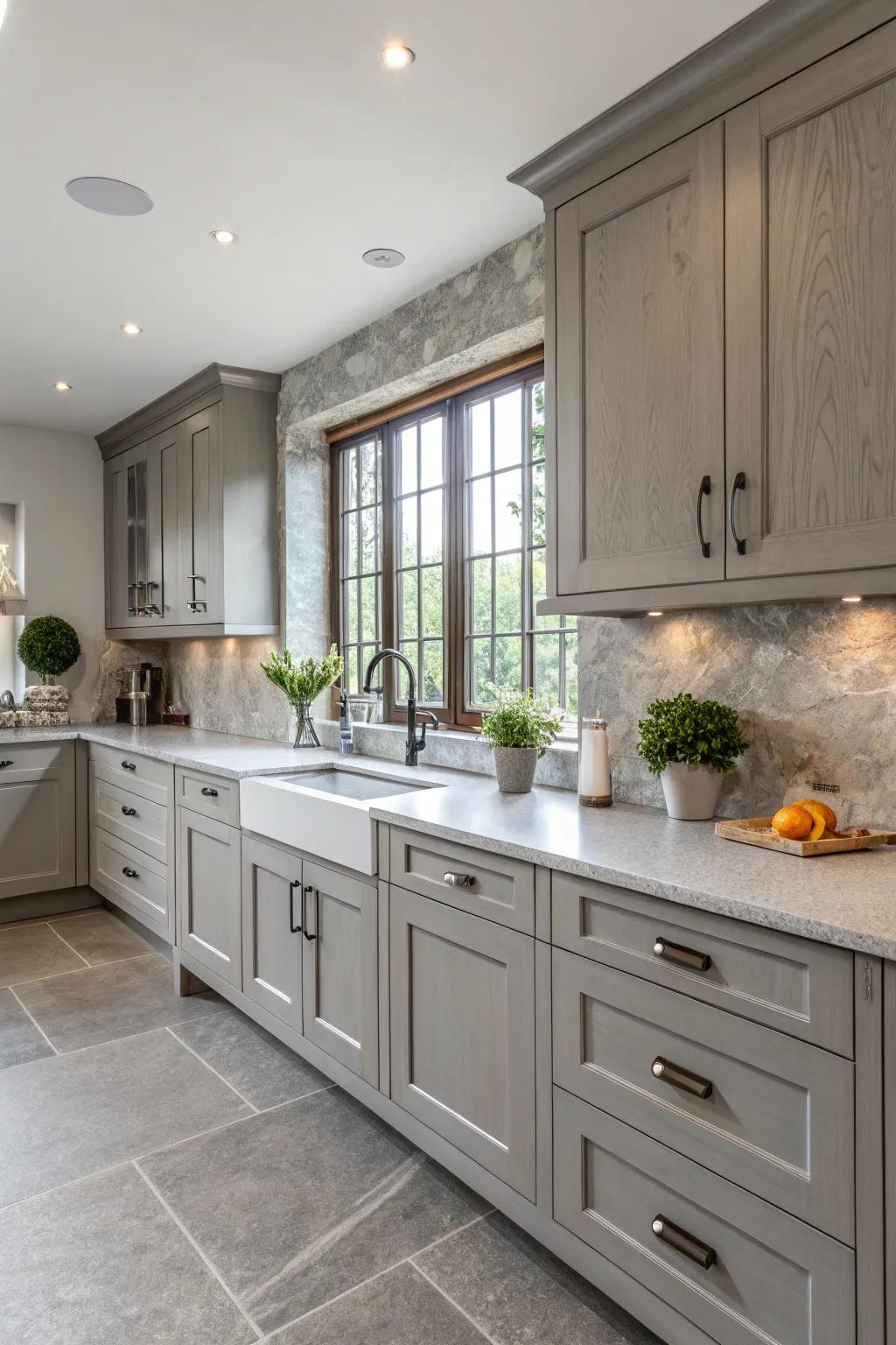 A kitchen highlights the diverse spectrum of grey hues in its worktops.