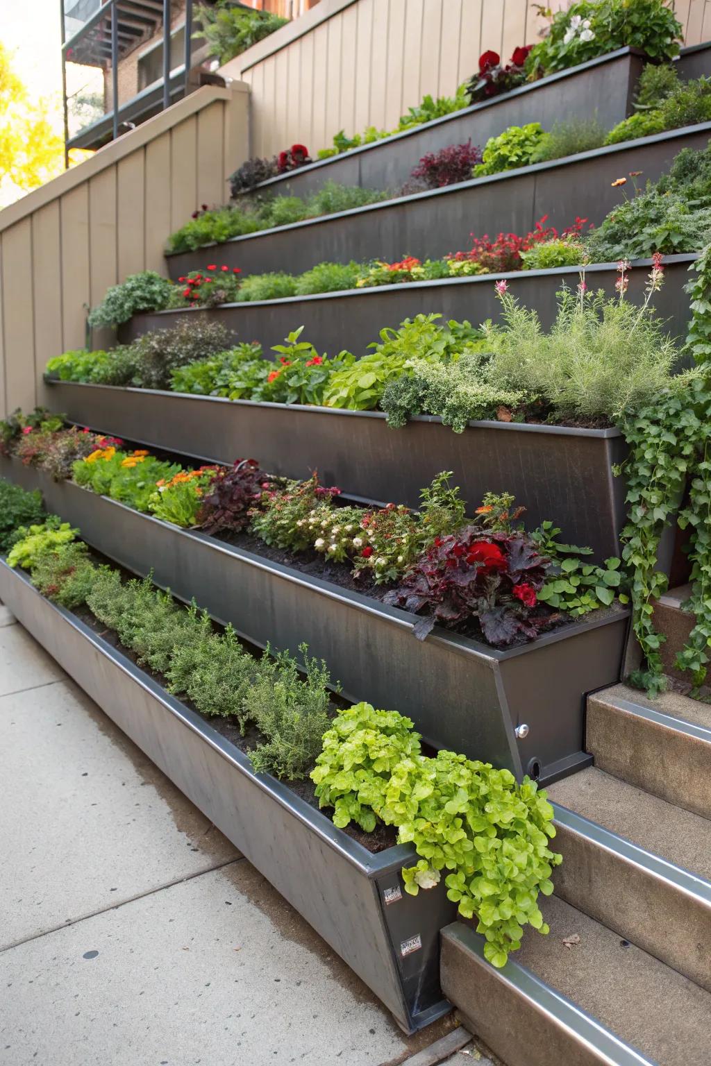 Elevate your garden game with striking tiered gutter stands, where craftsmanship meets nature.