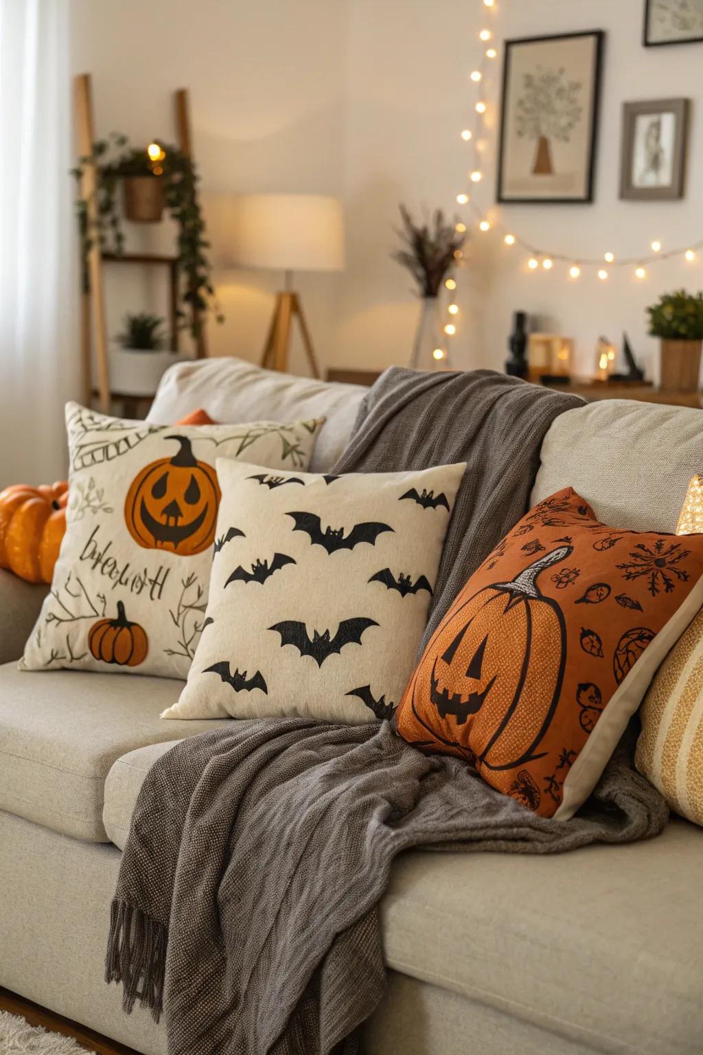 Themed pillows and throws add a subtle yet impactful Halloween vibe.