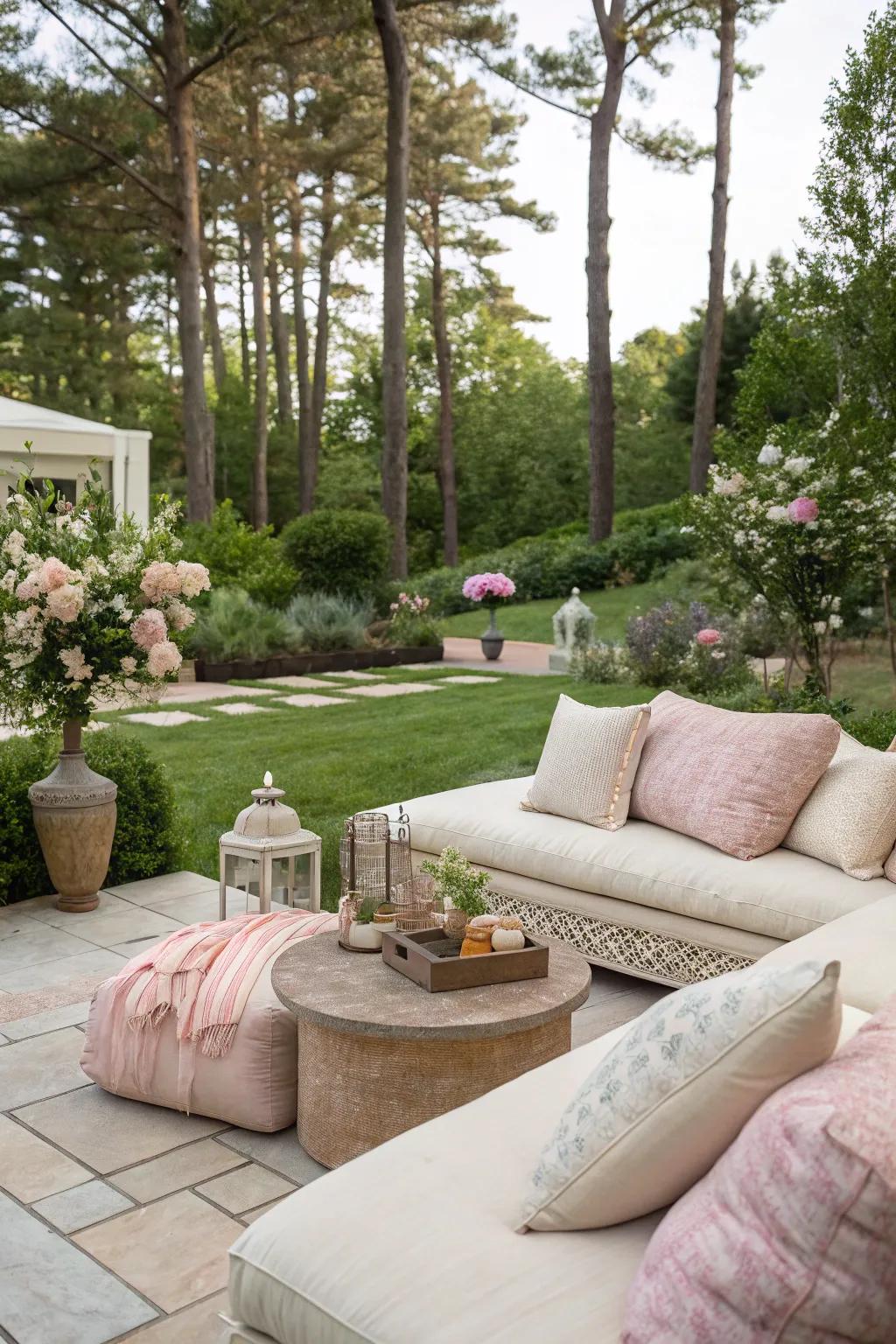 Inviting outdoor lounges contribute comfort and style to your Hamptons-themed backyard.
