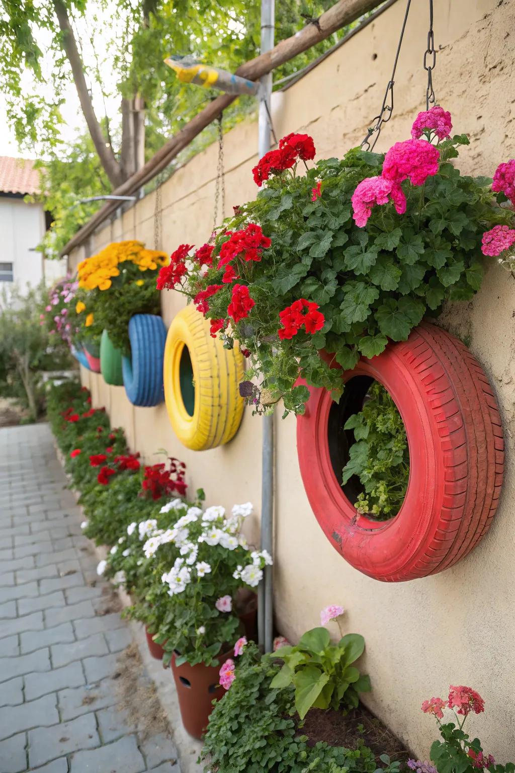 Repurposed hoops give blooms a playful home.