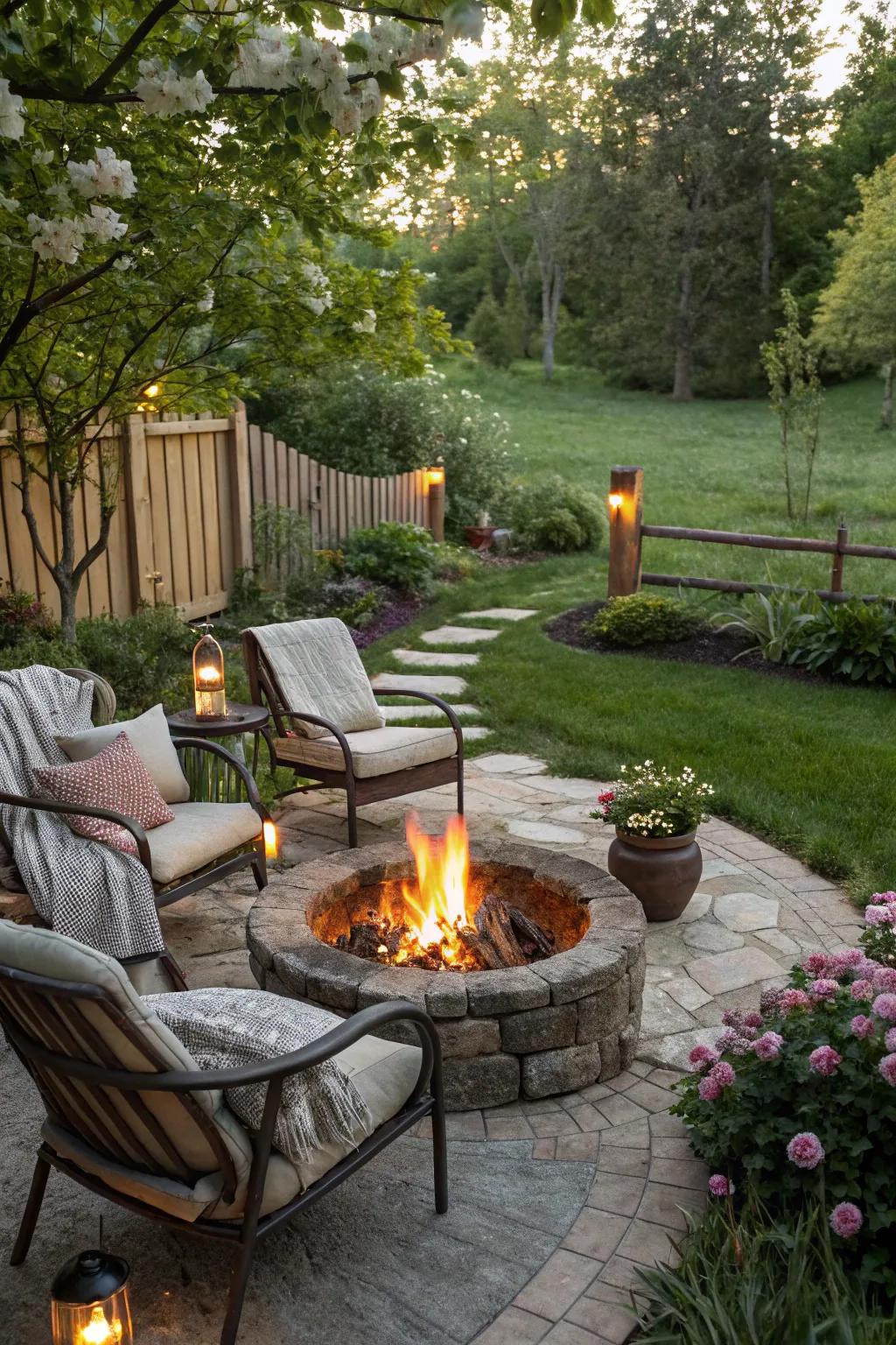An intimate fire pit sets the stage for unforgettable evenings with loved ones.