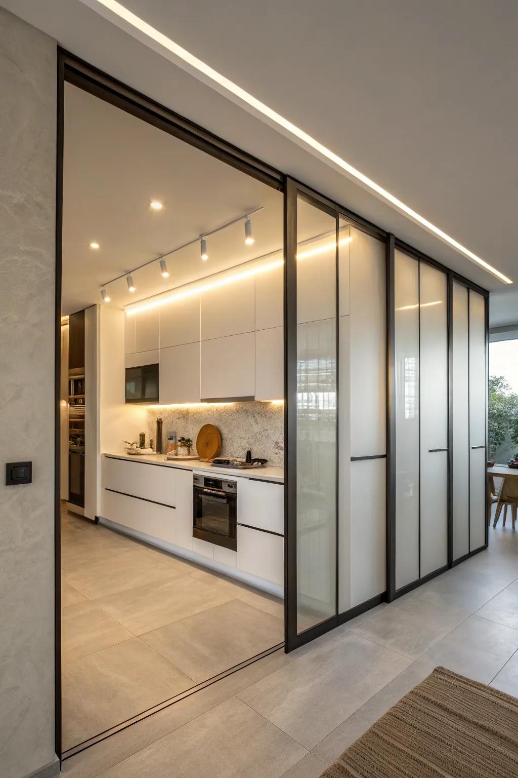 Sliding doors add a magical element, concealing and revealing the kitchen at will.