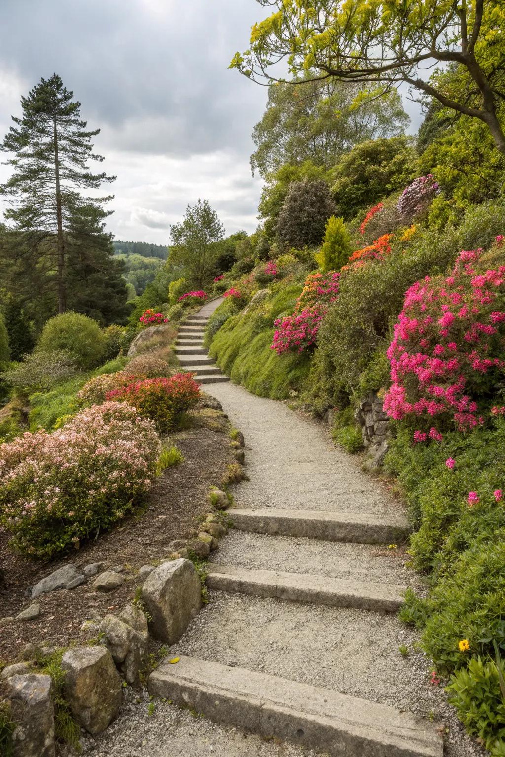 Crushed stone and rock footpaths contribute appeal and easy access to a sloped garden.