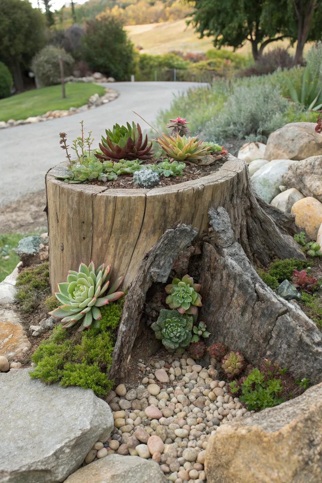 Succulents thrive in this rustic tree stump planter.