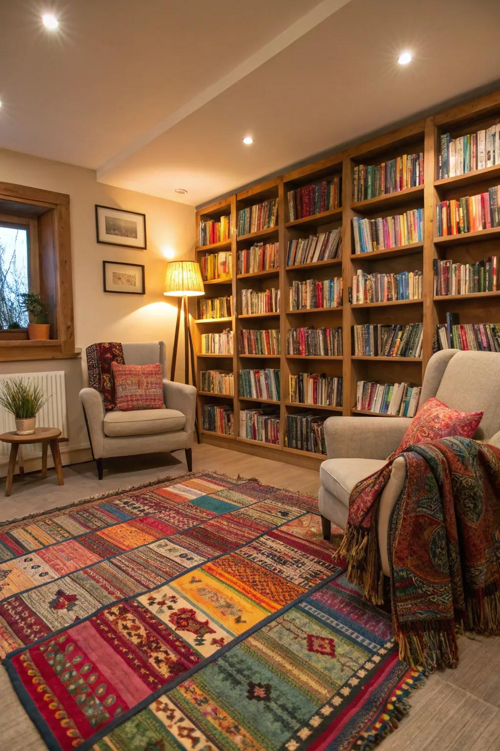 Layered textiles infuse warmth and vibrancy into a reading sanctuary.