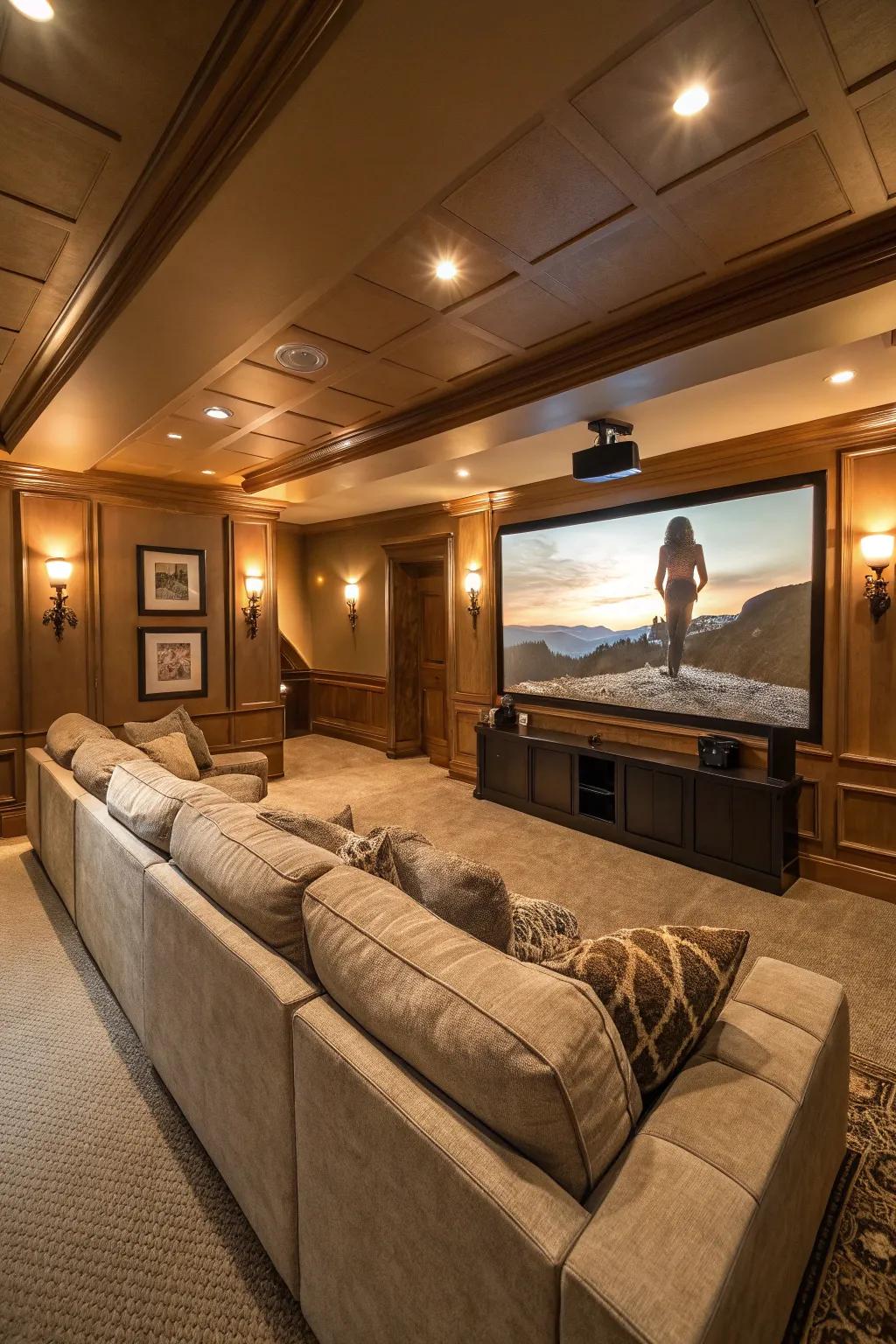 Sectional sofas offer versatile seating options for a cozy movie night.