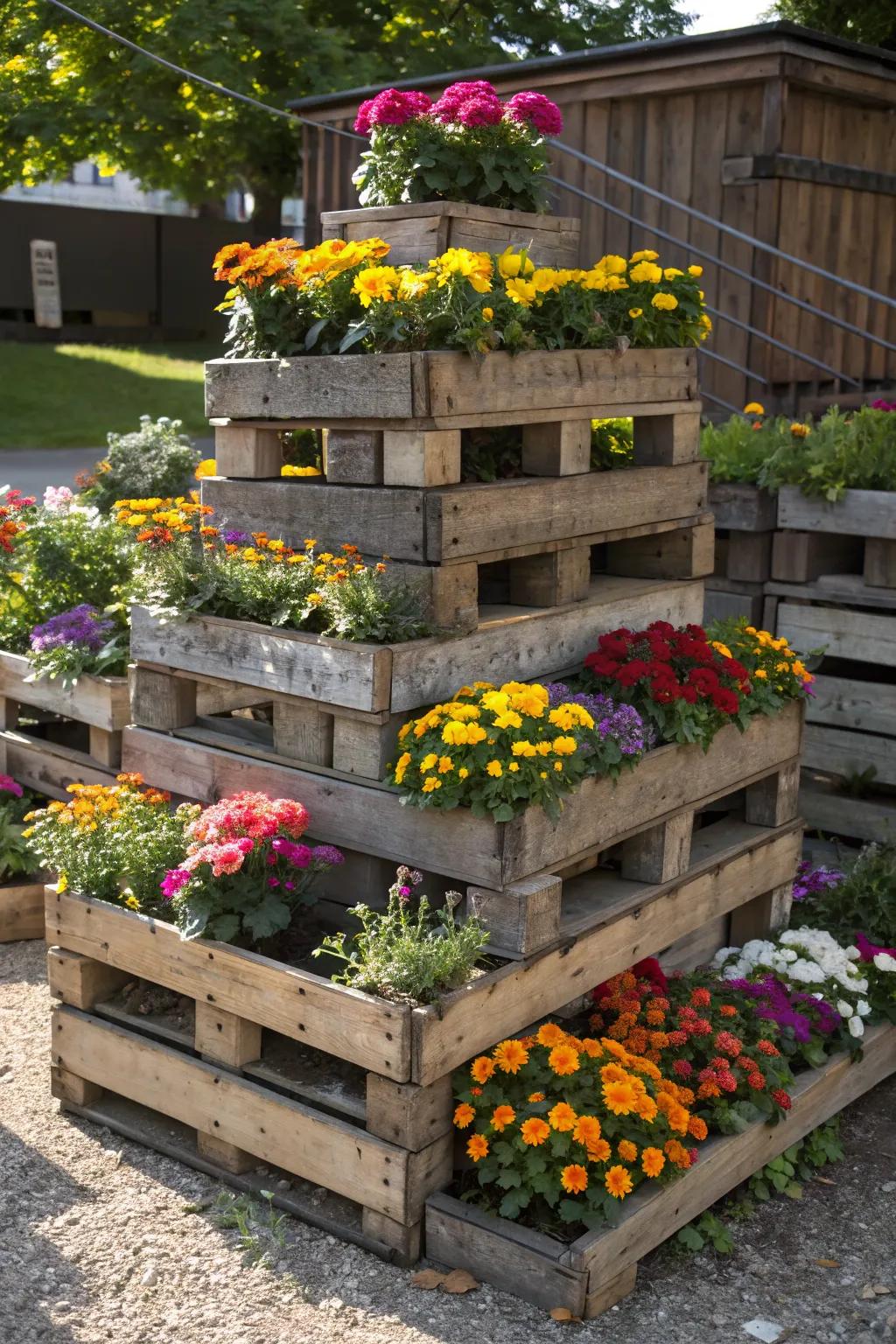 Transform your outdoor space with a stunning tiered flower display using reclaimed pallets.