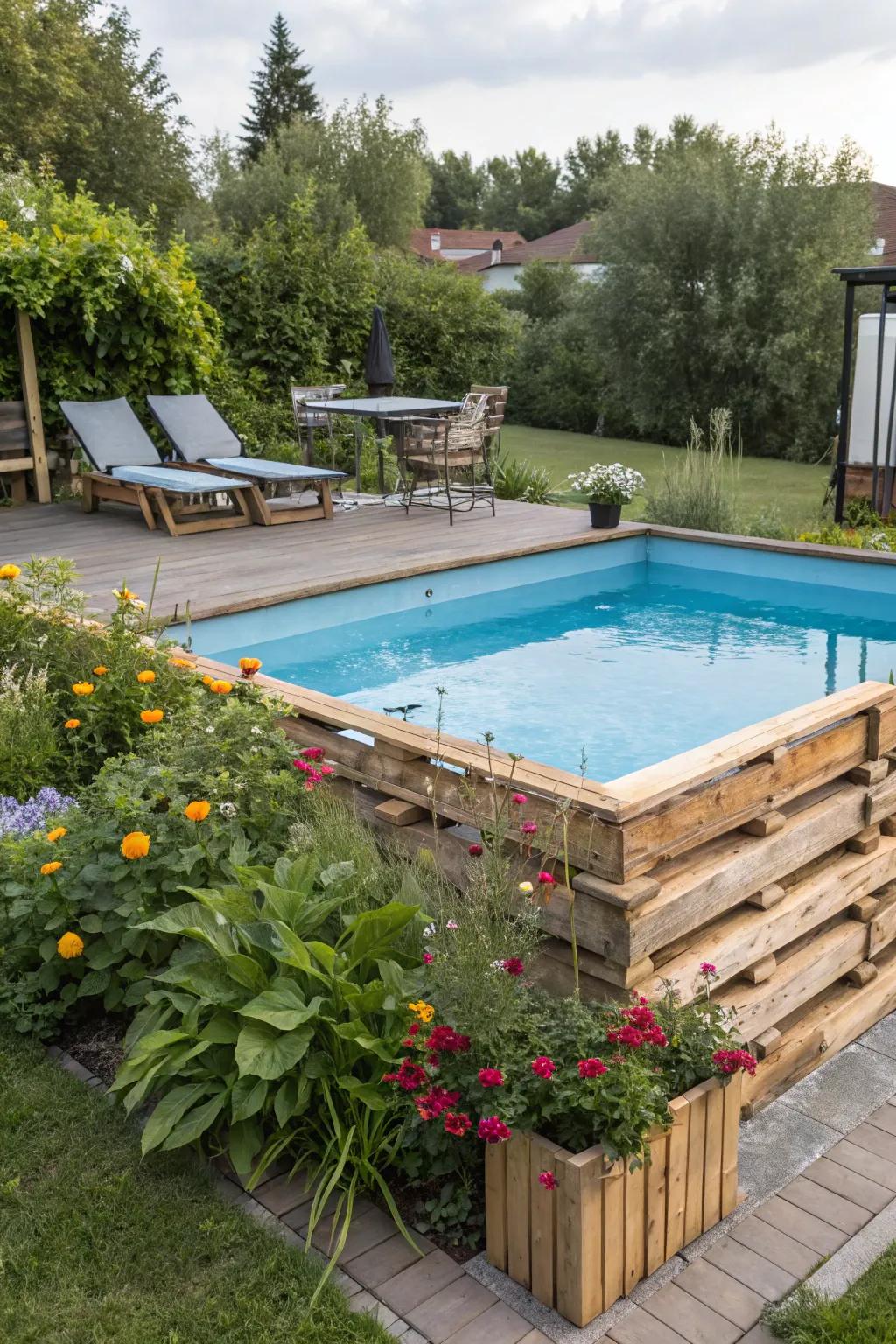 A creative use of wood pallets to frame an above-ground pool.