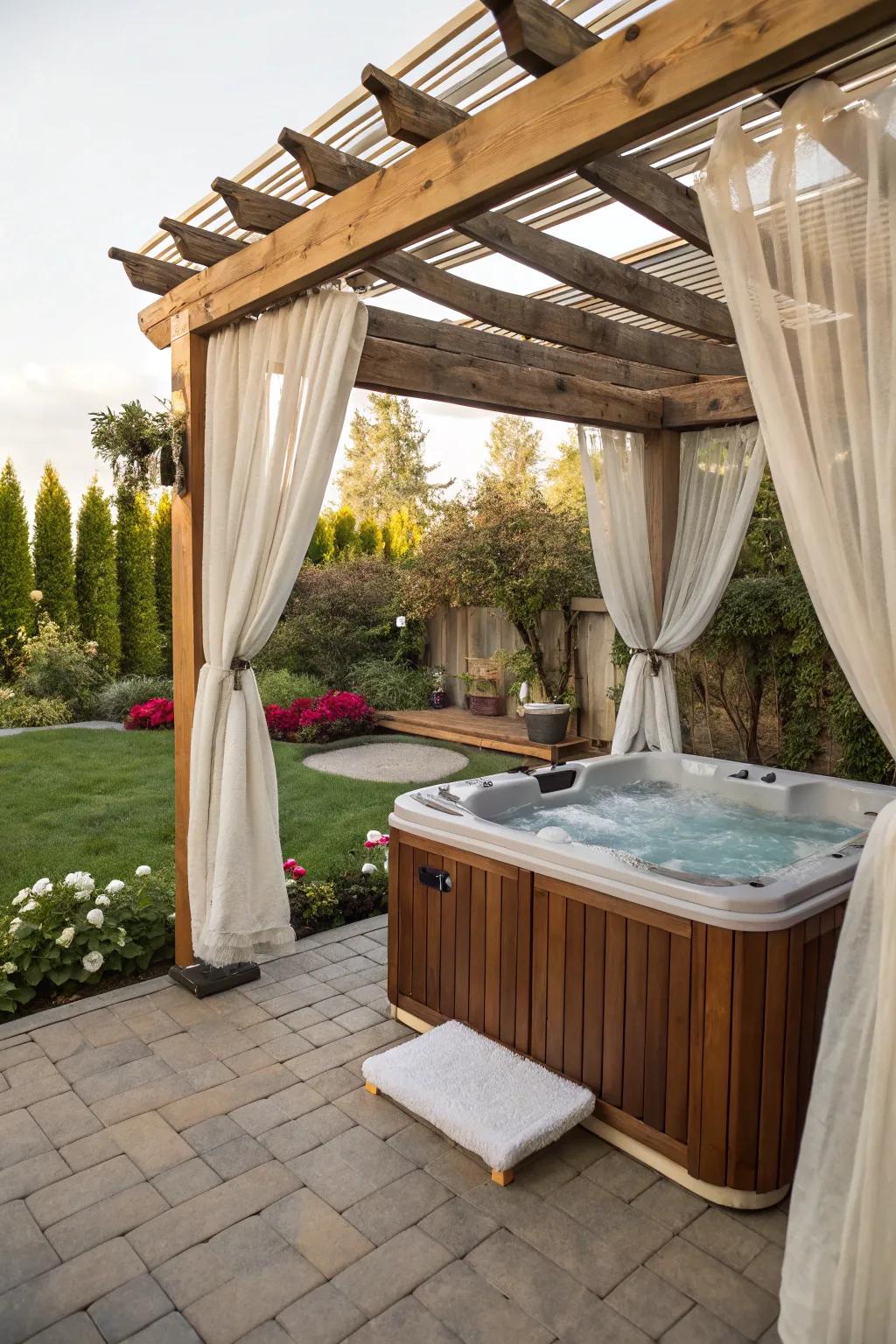 Draped pergolas foster a personal and inviting hot tub experience.
