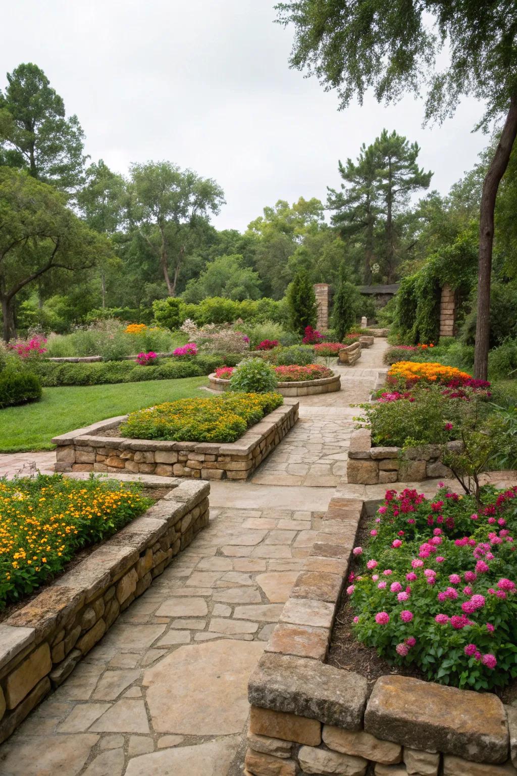 Stone edging beautifully defines garden spaces.