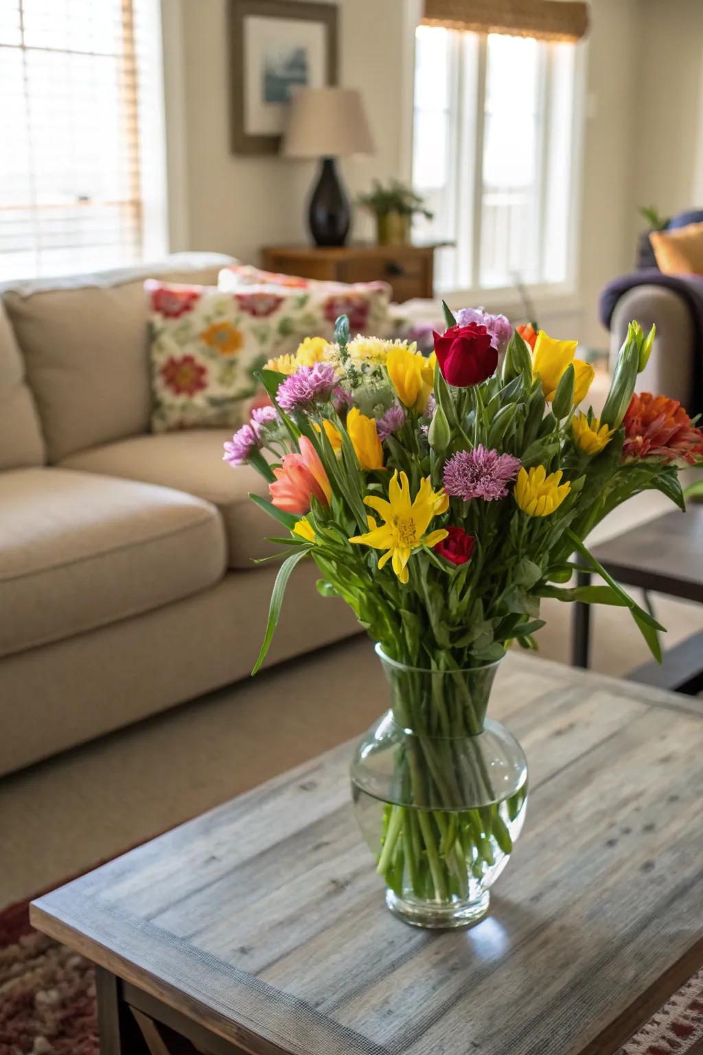 A vase of fresh spring flowers brightens up the coffee table.