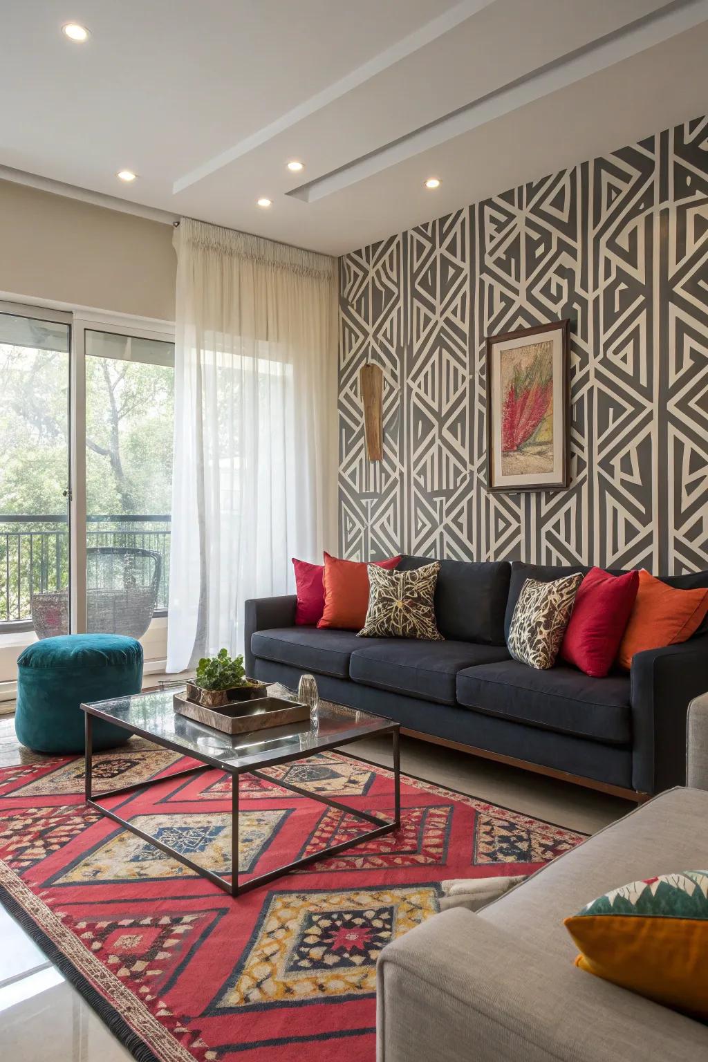 An impressive patterned feature wall enhancing the living room's design.