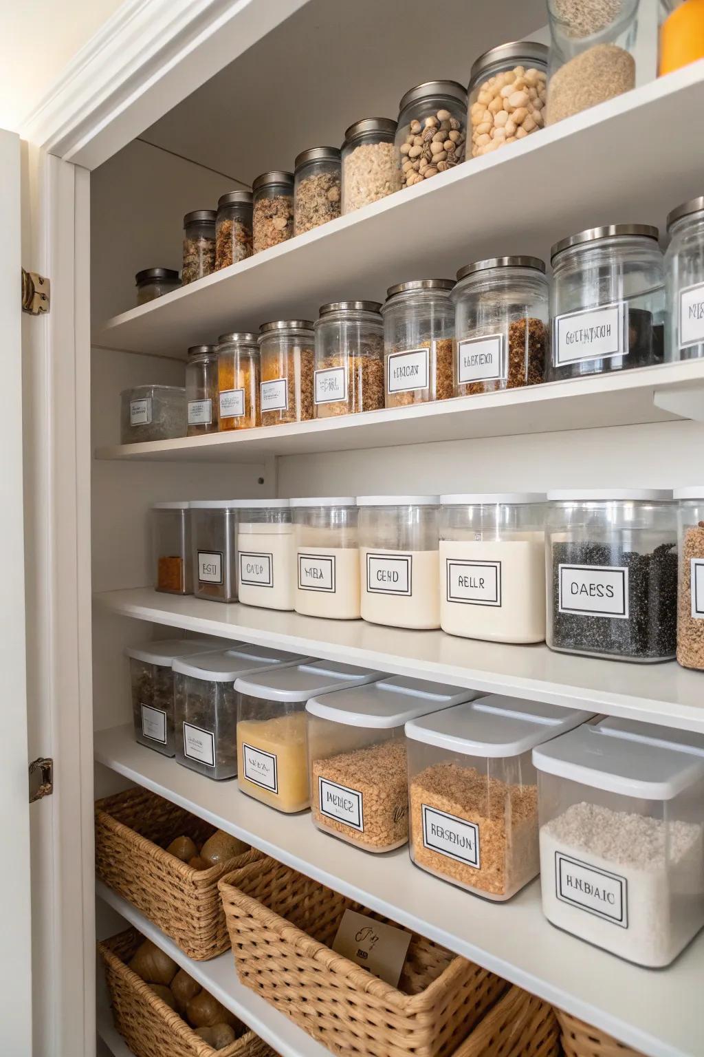 Tagged containers and bins streamline pantry setup.