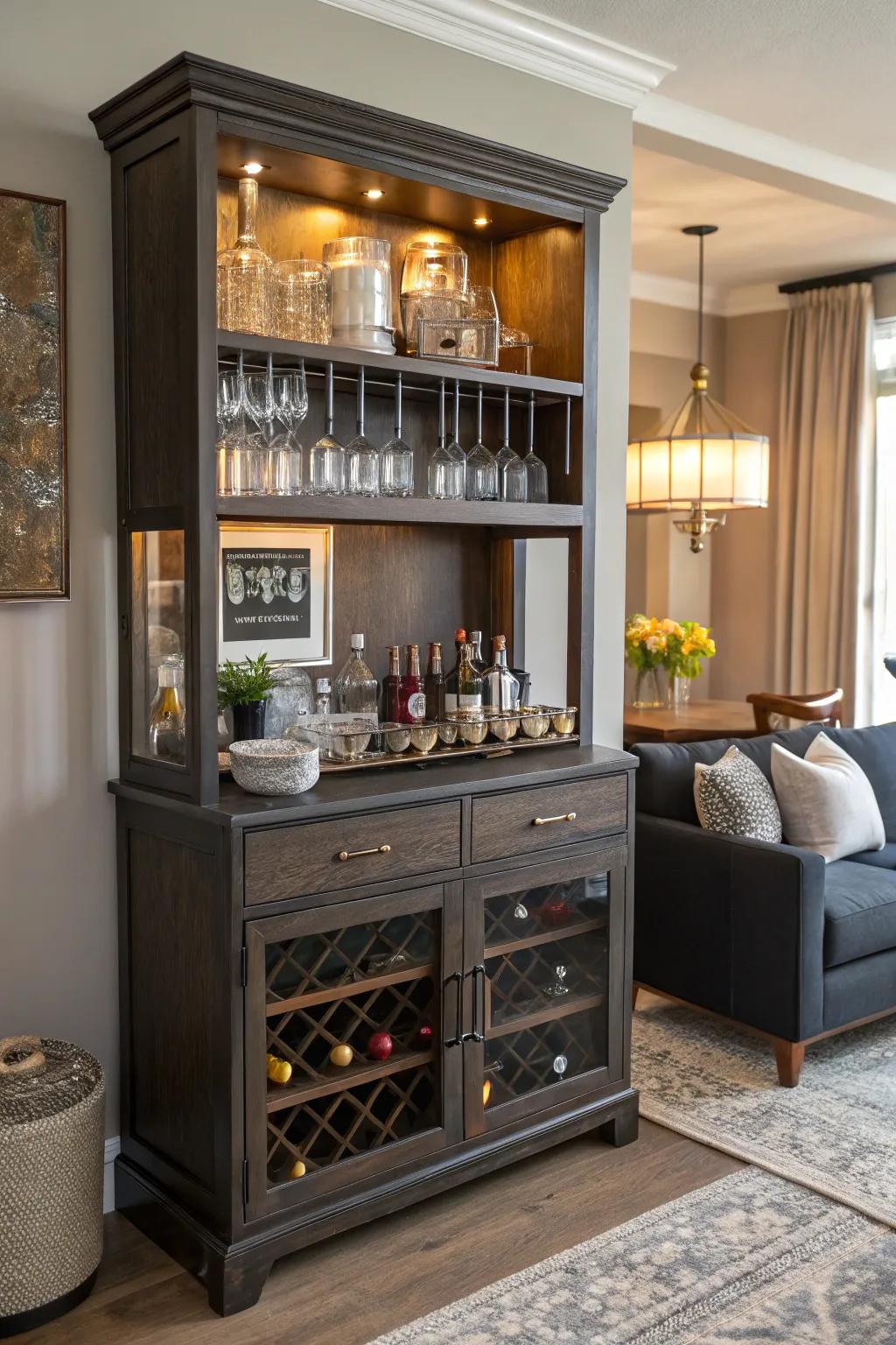 A hutch top can be the start of a perfect mini bar.