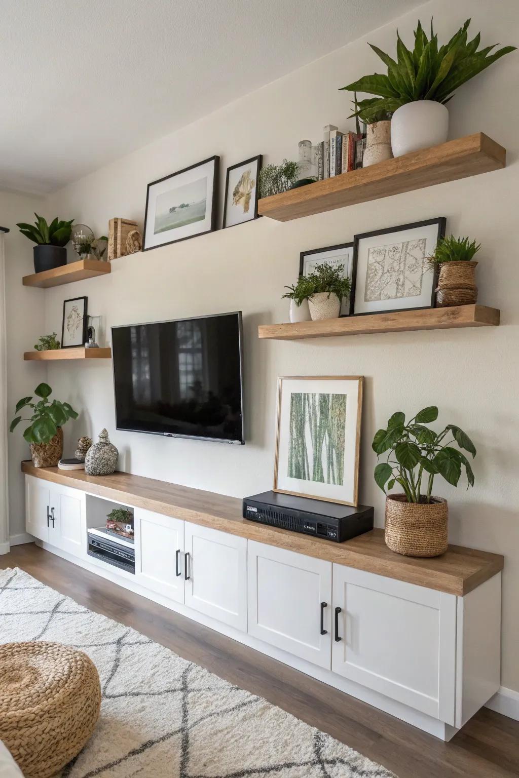 Floating shelves offer a sleek and stylish under-TV solution.