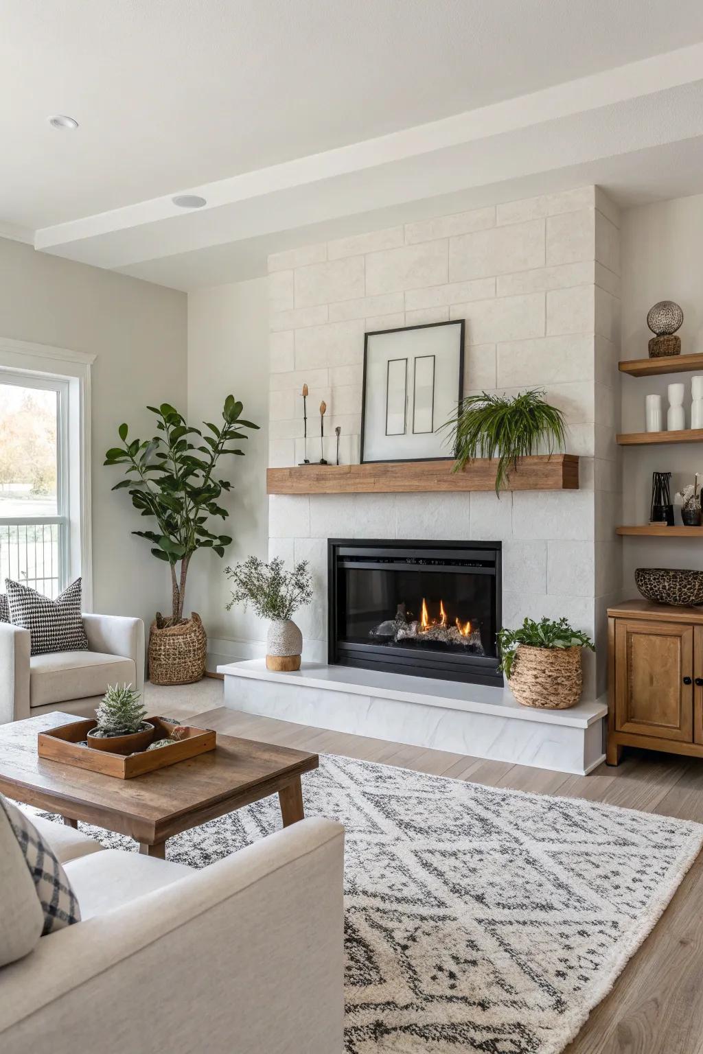 A minimalist living space highlighting a refined modern fireplace with a muted color scheme.