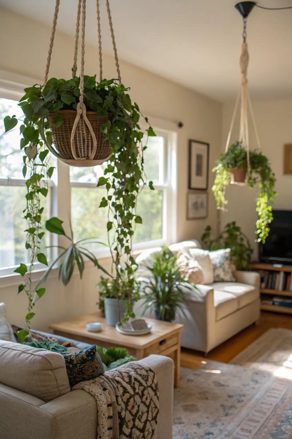 Utilize ceiling space with hanging planters for a lush effect.