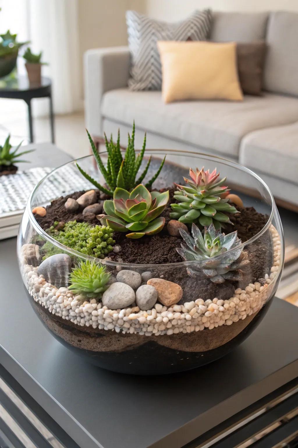 A glass bowl showcases succulents and their intricate layers beautifully.