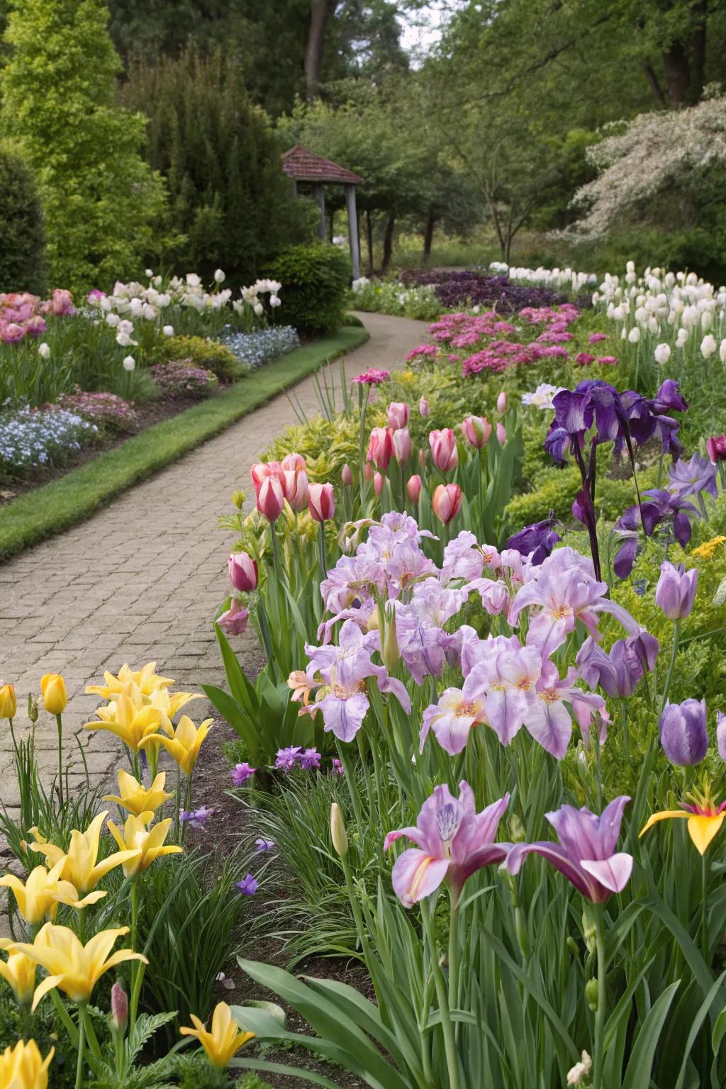 A lively mix of irises, lilies, and tulips creating a colorful garden display.