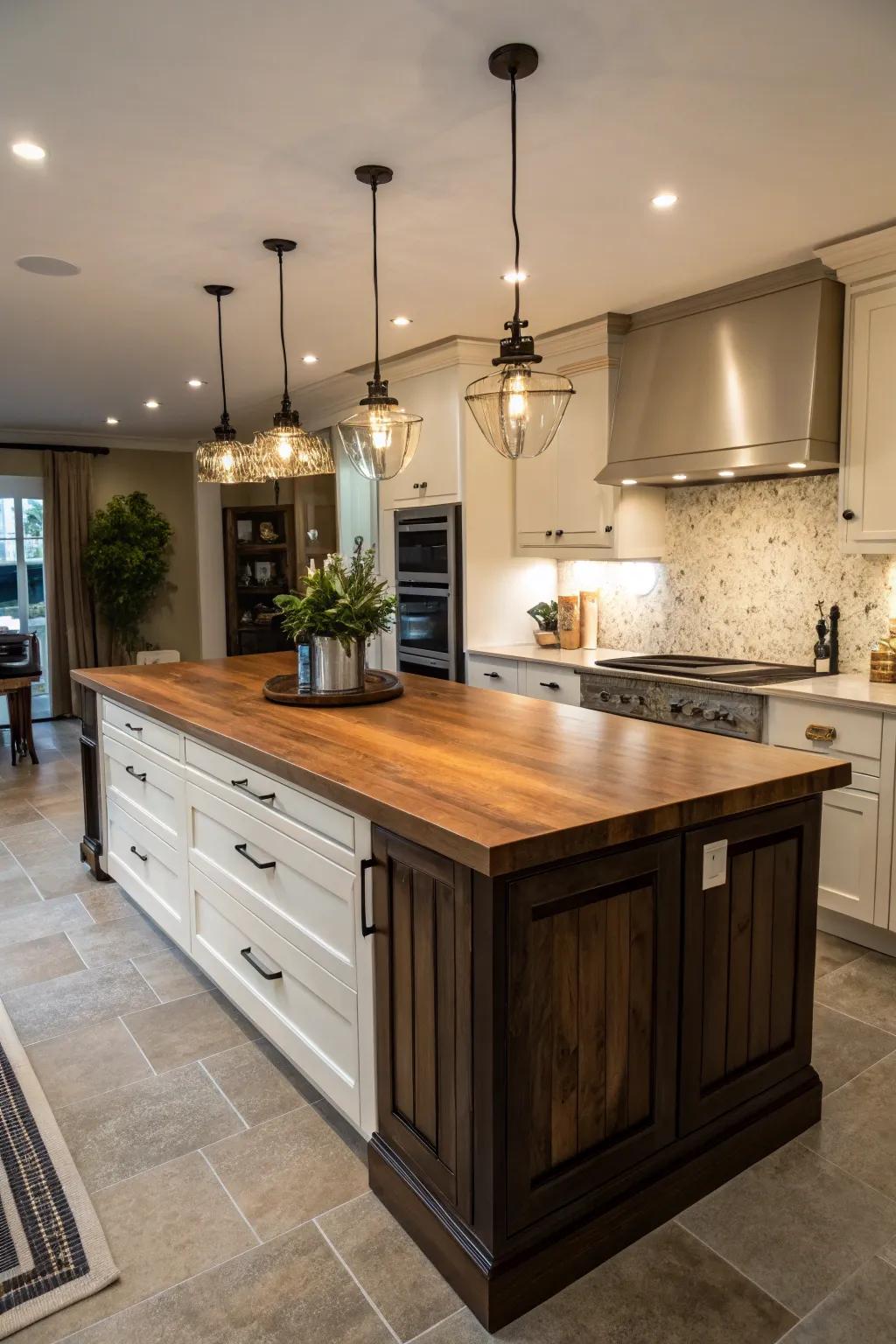 A timber countertop brings an atmosphere of comfort and rustic appeal to the core of the kitchen.