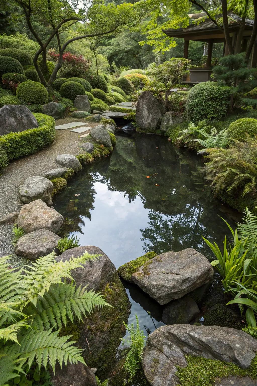 A peaceful pond nestled within the embrace of a Japanese garden.