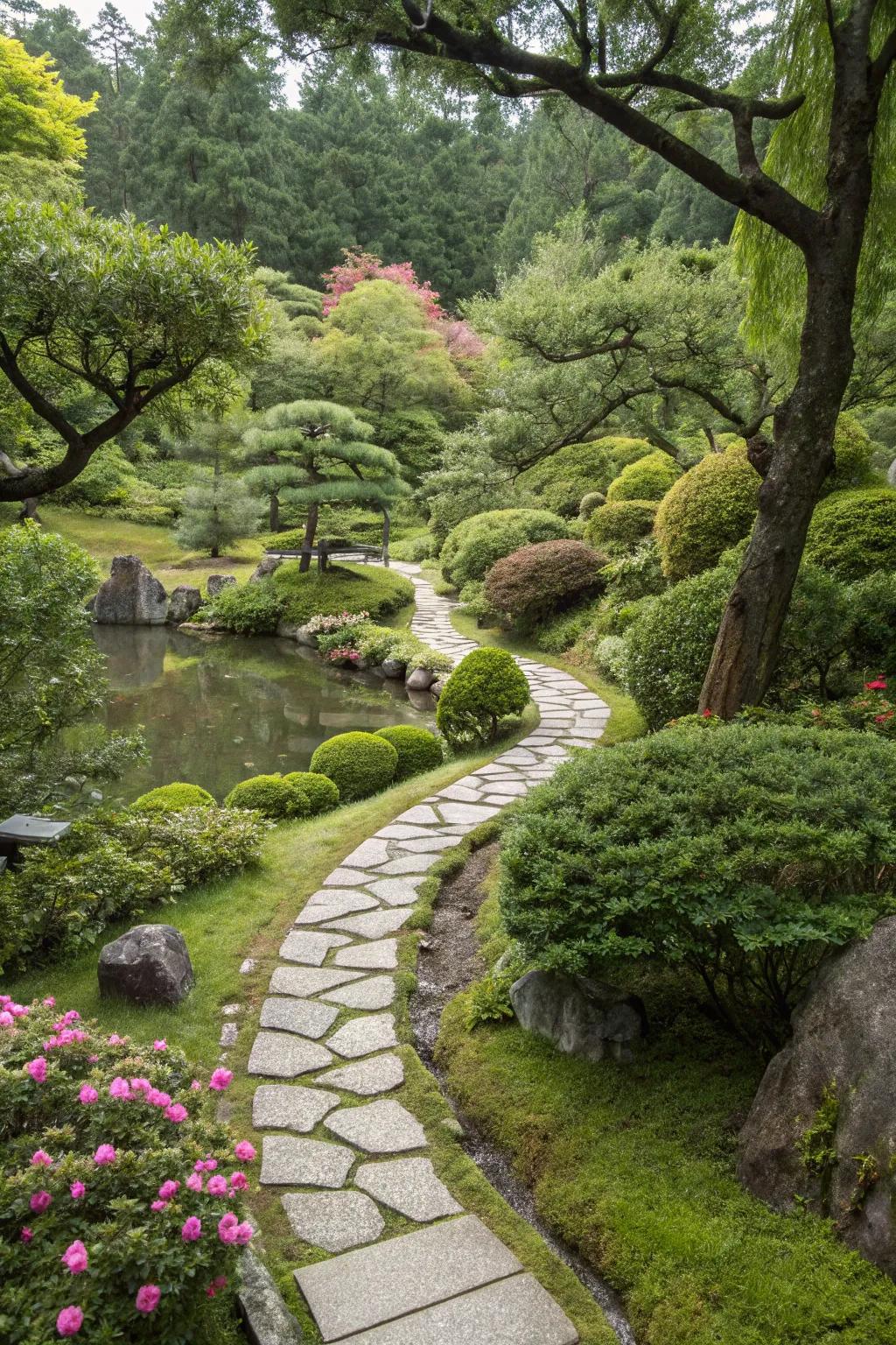 Stone paths meandering through rich foliage in a Japanese garden.