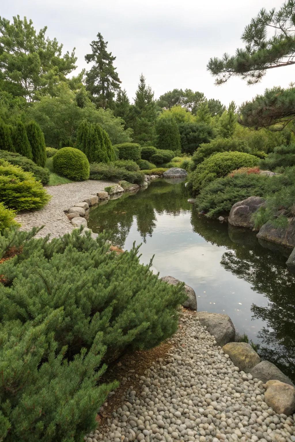 Junipers framing a pond in an elegant manner