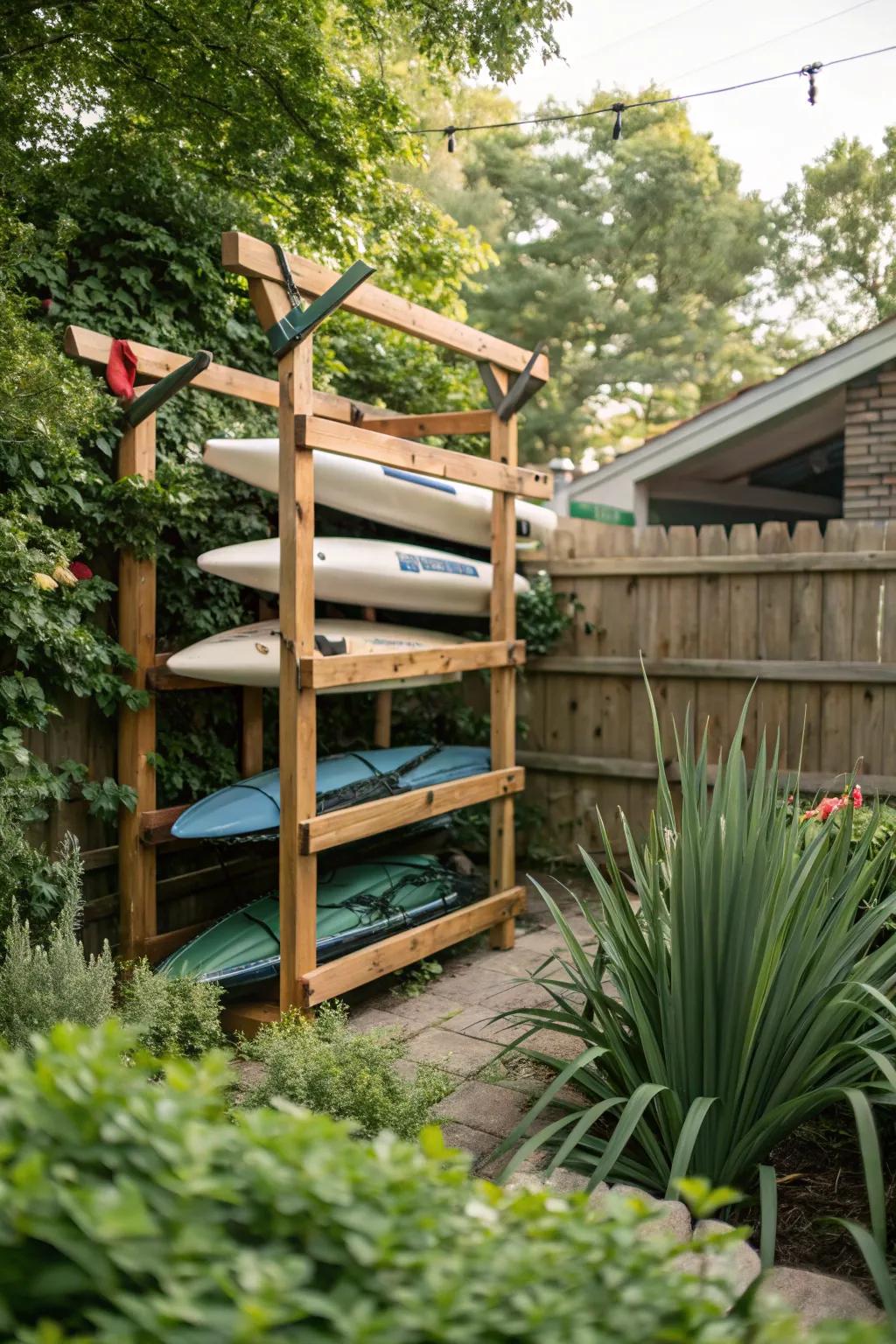 A DIY wooden rack storing multiple kayaks.