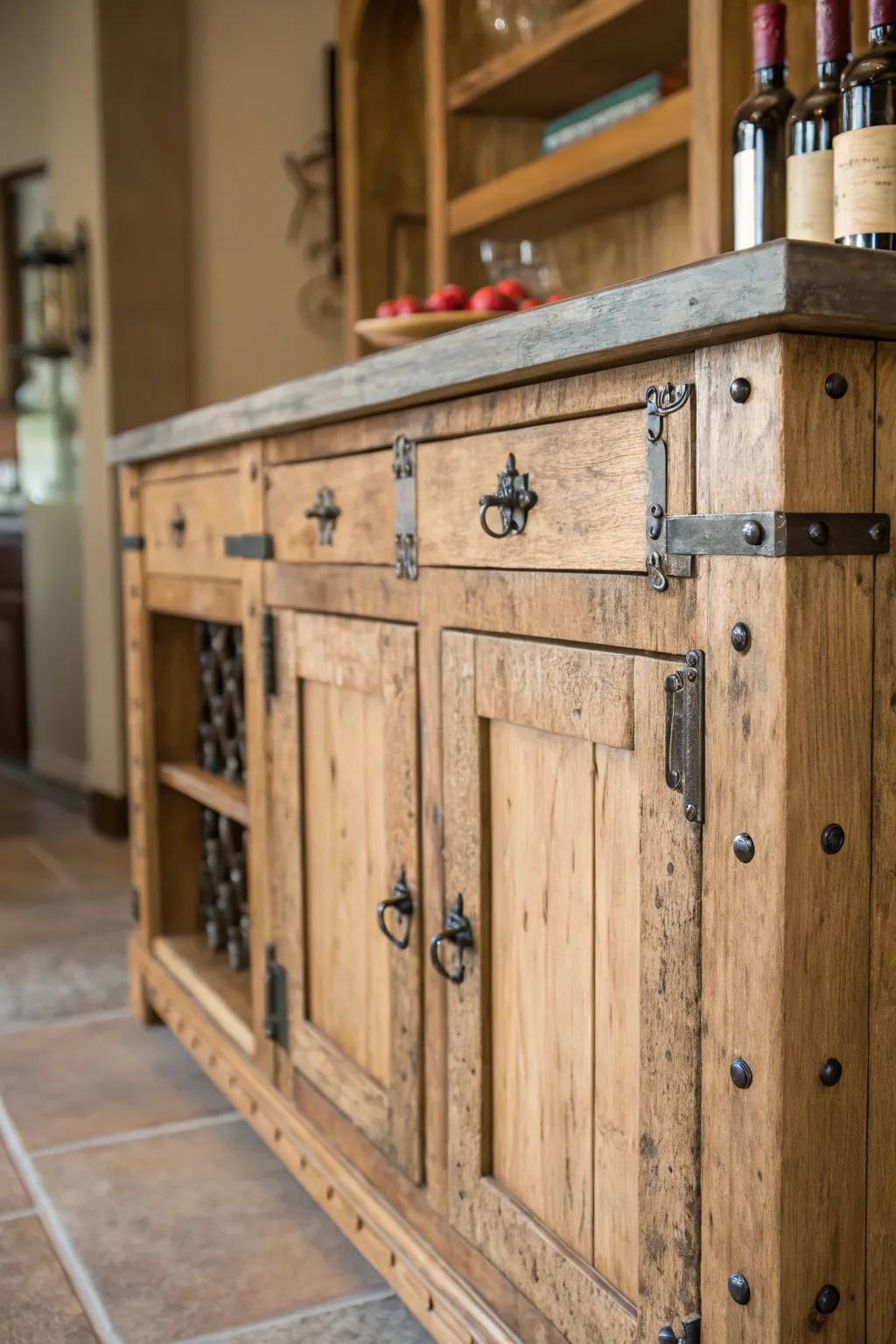 A rustic bar cabinet bringing a cozy feel to the kitchen.