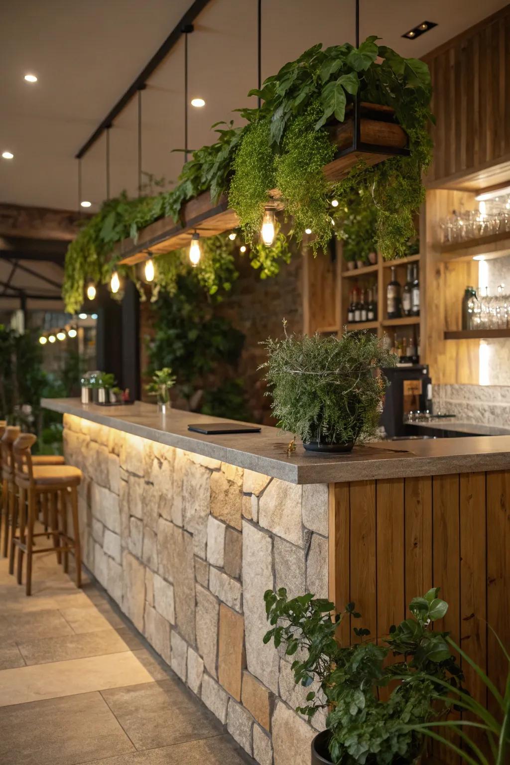 Warmth and elegance with a wood and stone kitchen bar.