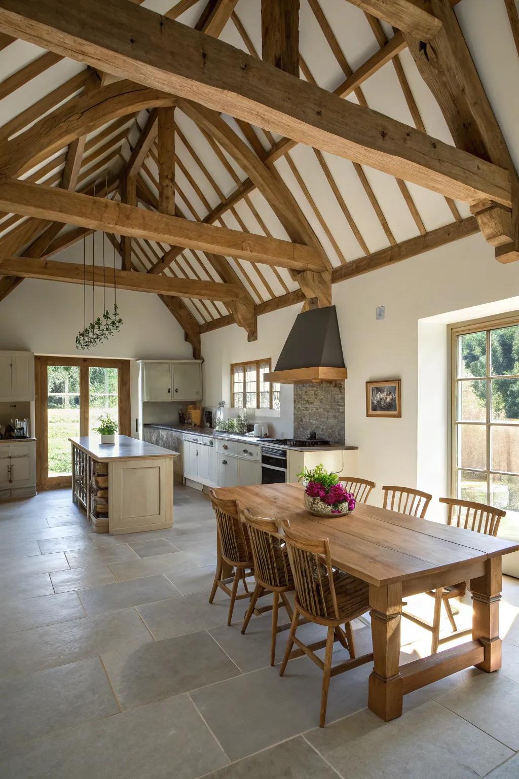 Vaulted ceilings and beams create a sense of grandeur in your kitchen.