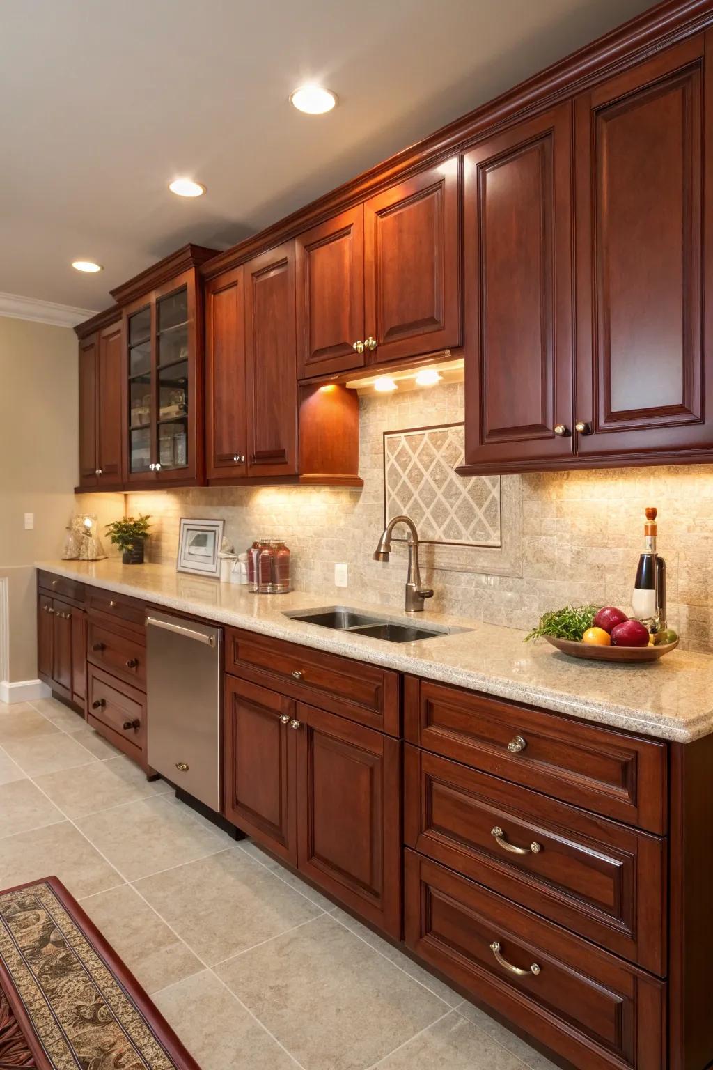 Cherry wood cabinets fill your cooking area with comfort and refinement.