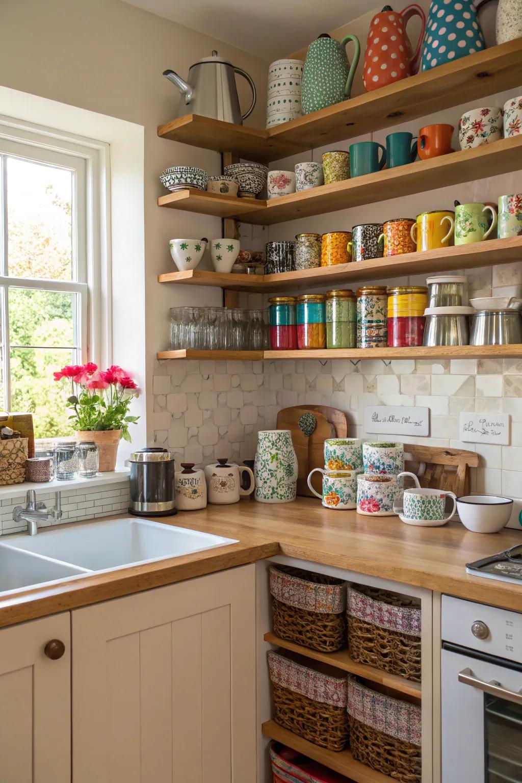 Exposed shelving above a coffee station, beautifully displaying mugs and essential coffee accessories.