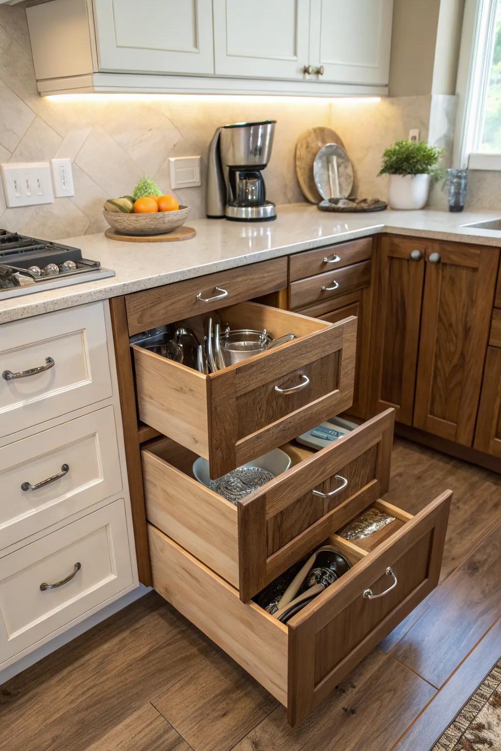Angled drawers let you capture every inch of corner space while adding a touch of chic.