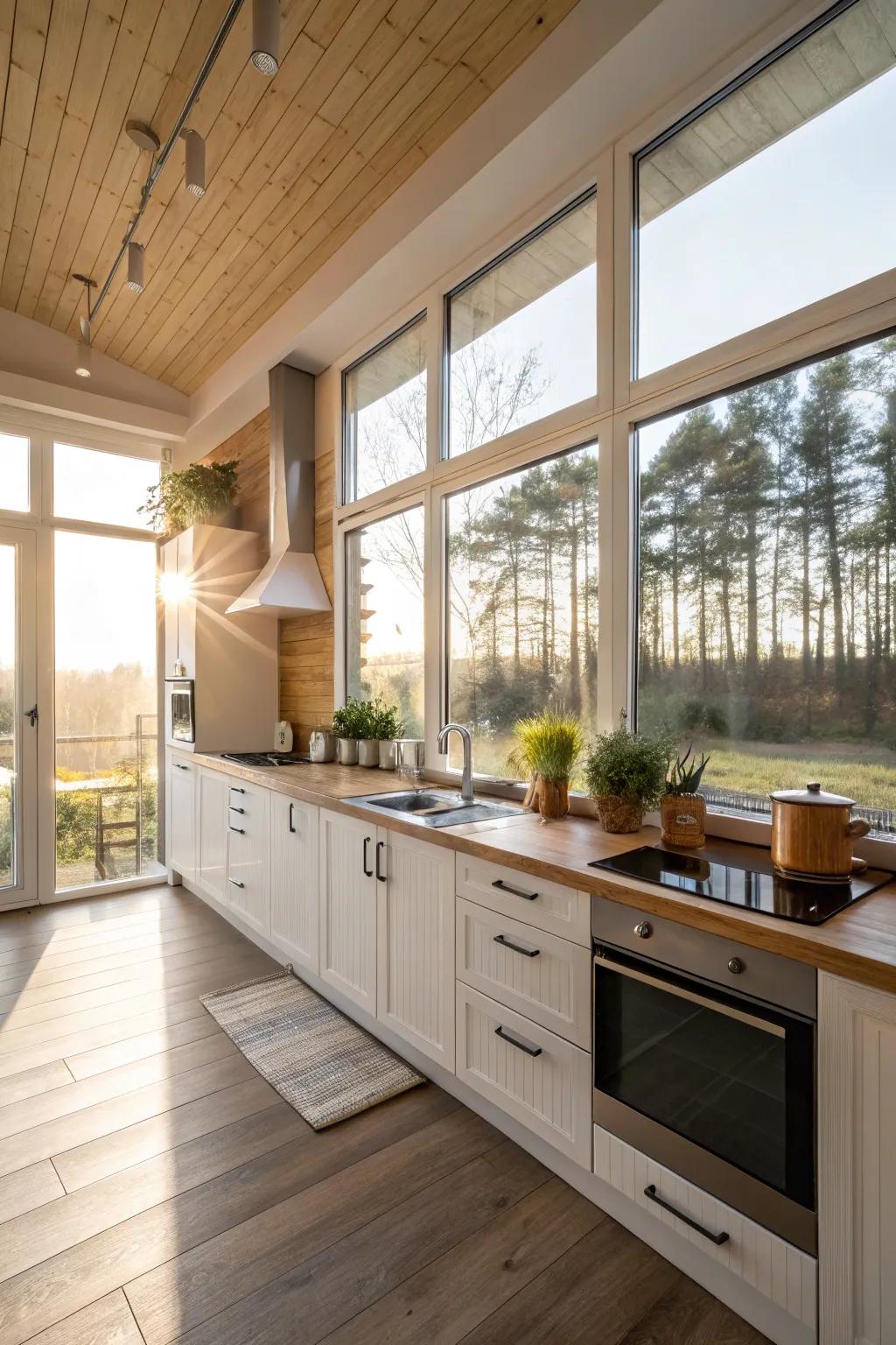 Optimize natural light with broad windows for a radiant, welcoming kitchen.