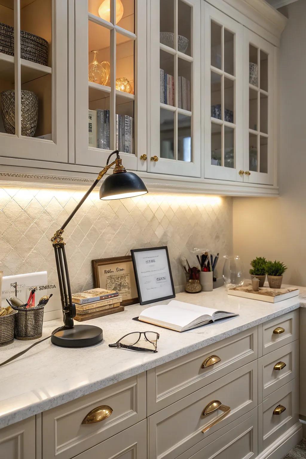 A well-lit kitchen desk area with under-cabinet lighting and an elegant desk lamp.