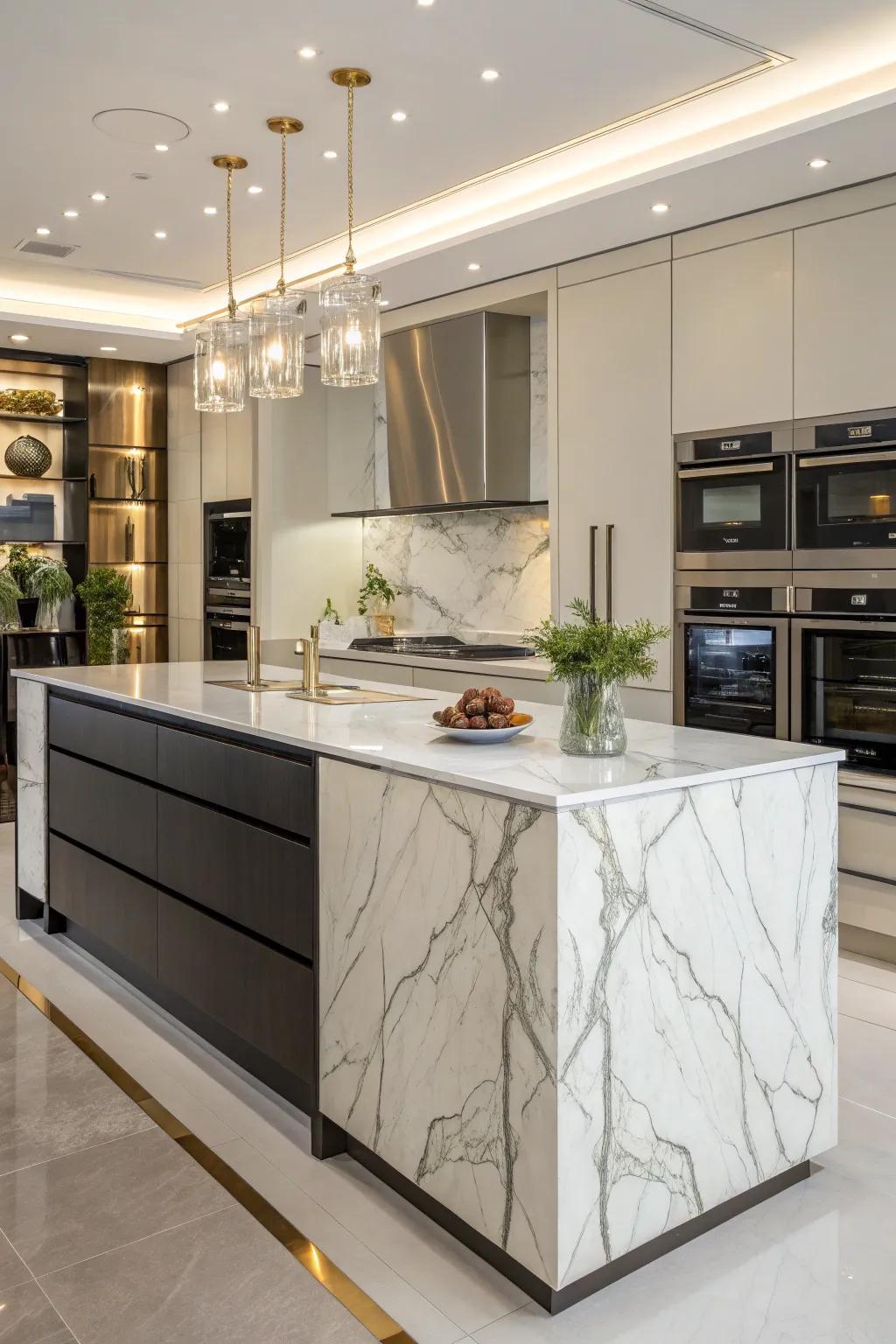 A marble rear panel elevates this cooking island, delivering a polished and timeless appeal.